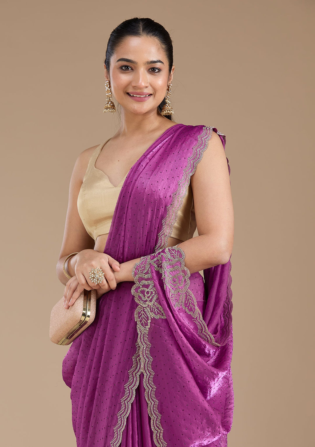 Wine Stonework (Gold) Chiffon Saree_koskii