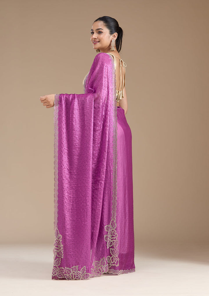 Wine Stonework (Gold) Chiffon Saree_koskii