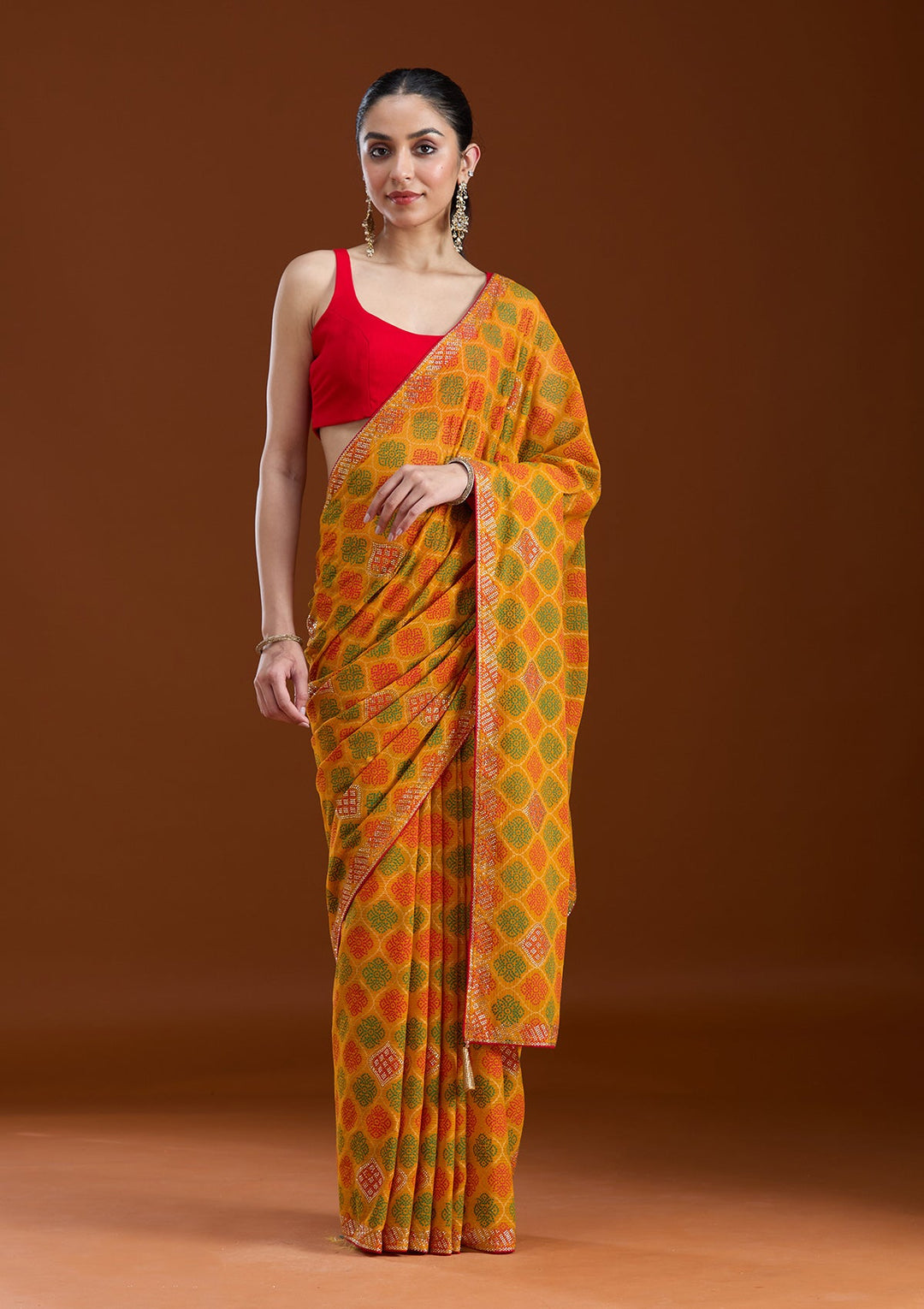 Mustard Stonework (Gold) Georgette Saree-koskii