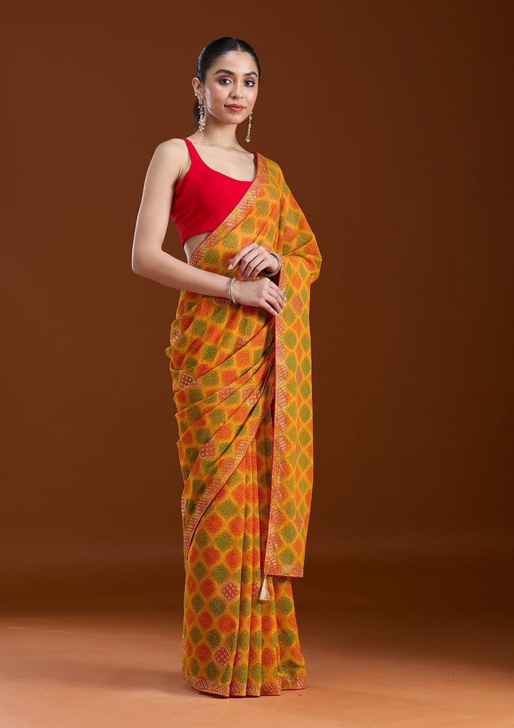 Mustard Stonework (Gold) Georgette Saree-koskii