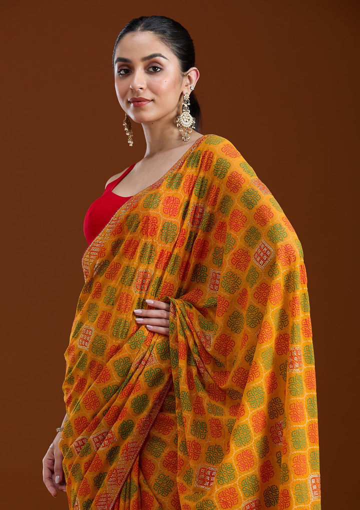Mustard Stonework (Gold) Georgette Saree-koskii