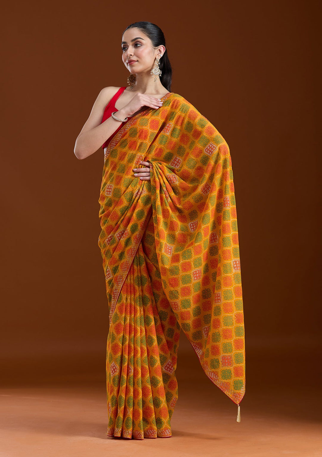 Mustard Stonework (Gold) Georgette Saree-koskii