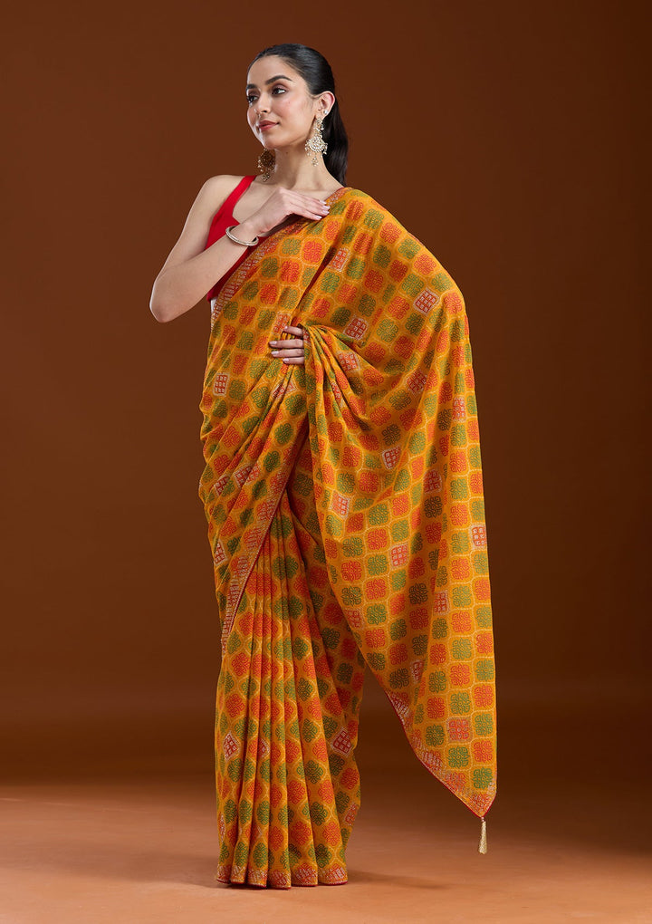 Mustard Stonework (Gold) Georgette Saree-koskii