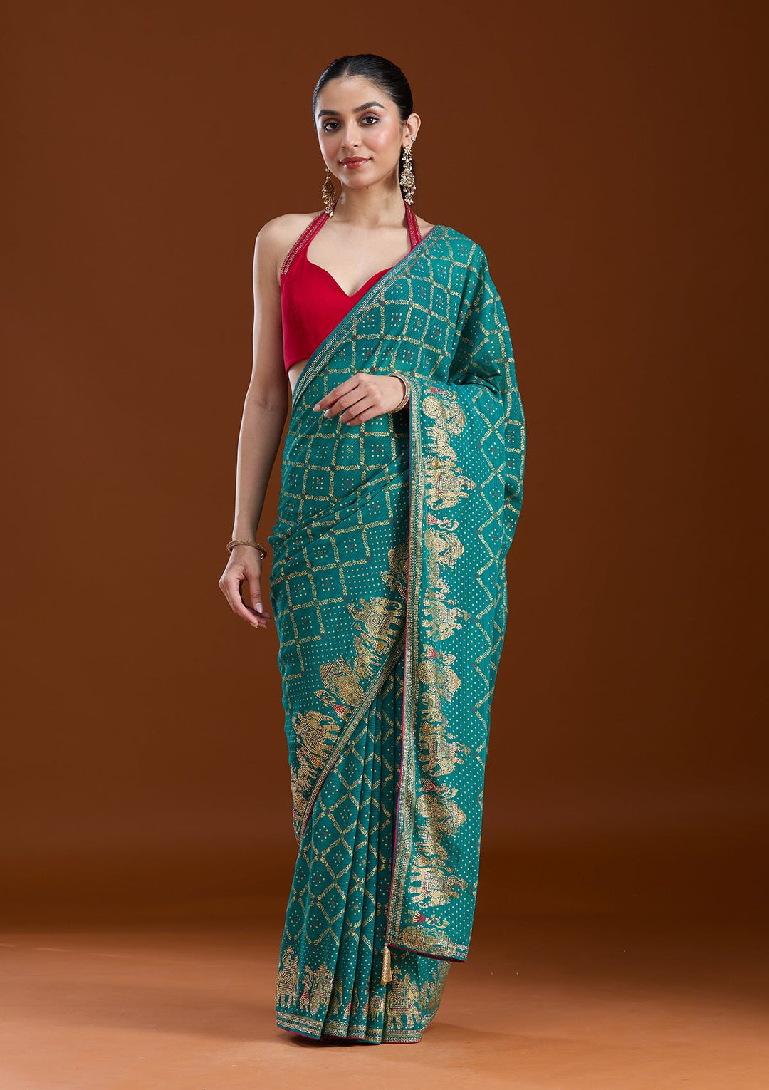 Rama Green Stonework (Gold) Georgette Saree-koskii