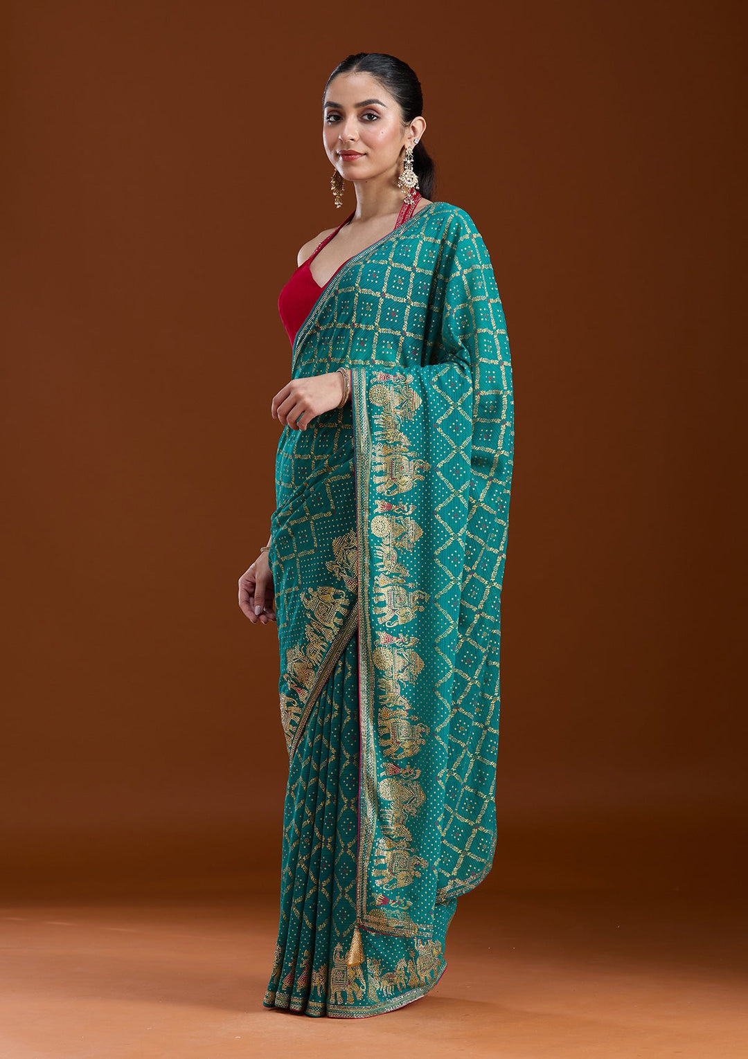 Rama Green Stonework (Gold) Georgette Saree-koskii