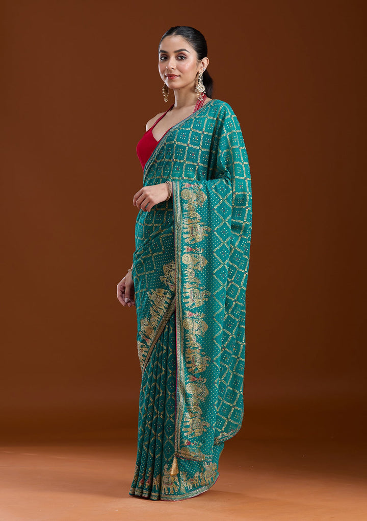 Rama Green Stonework (Gold) Georgette Saree-koskii