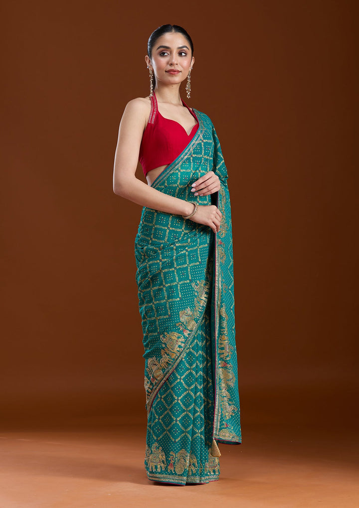 Rama Green Stonework (Gold) Georgette Saree-koskii