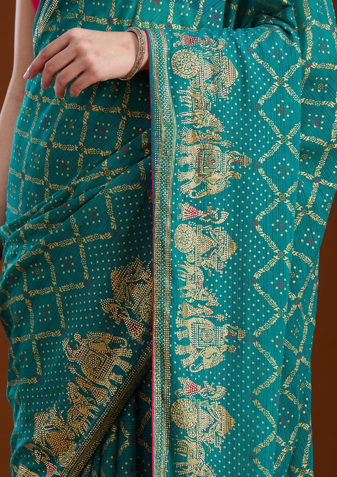 Rama Green Stonework (Gold) Georgette Saree-koskii