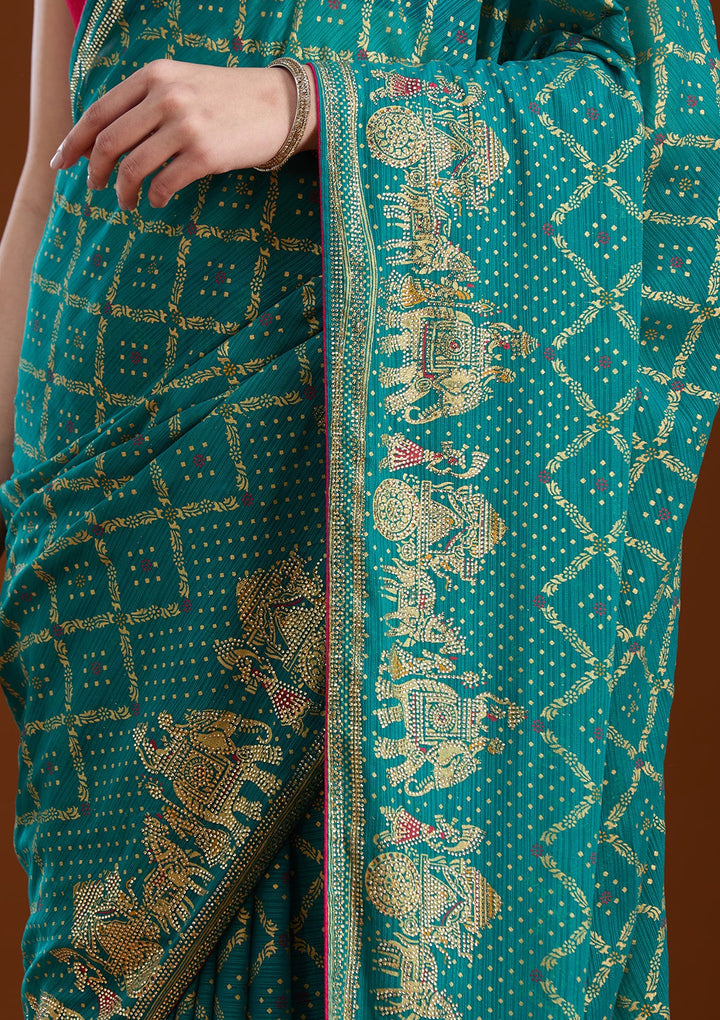 Rama Green Stonework (Gold) Georgette Saree-koskii