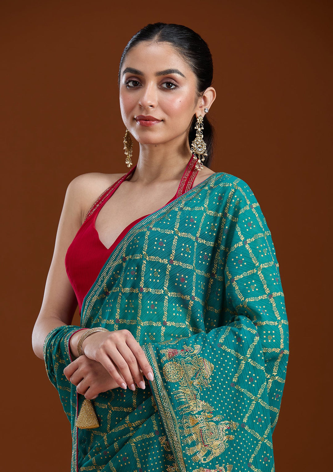 Rama Green Stonework (Gold) Georgette Saree-koskii