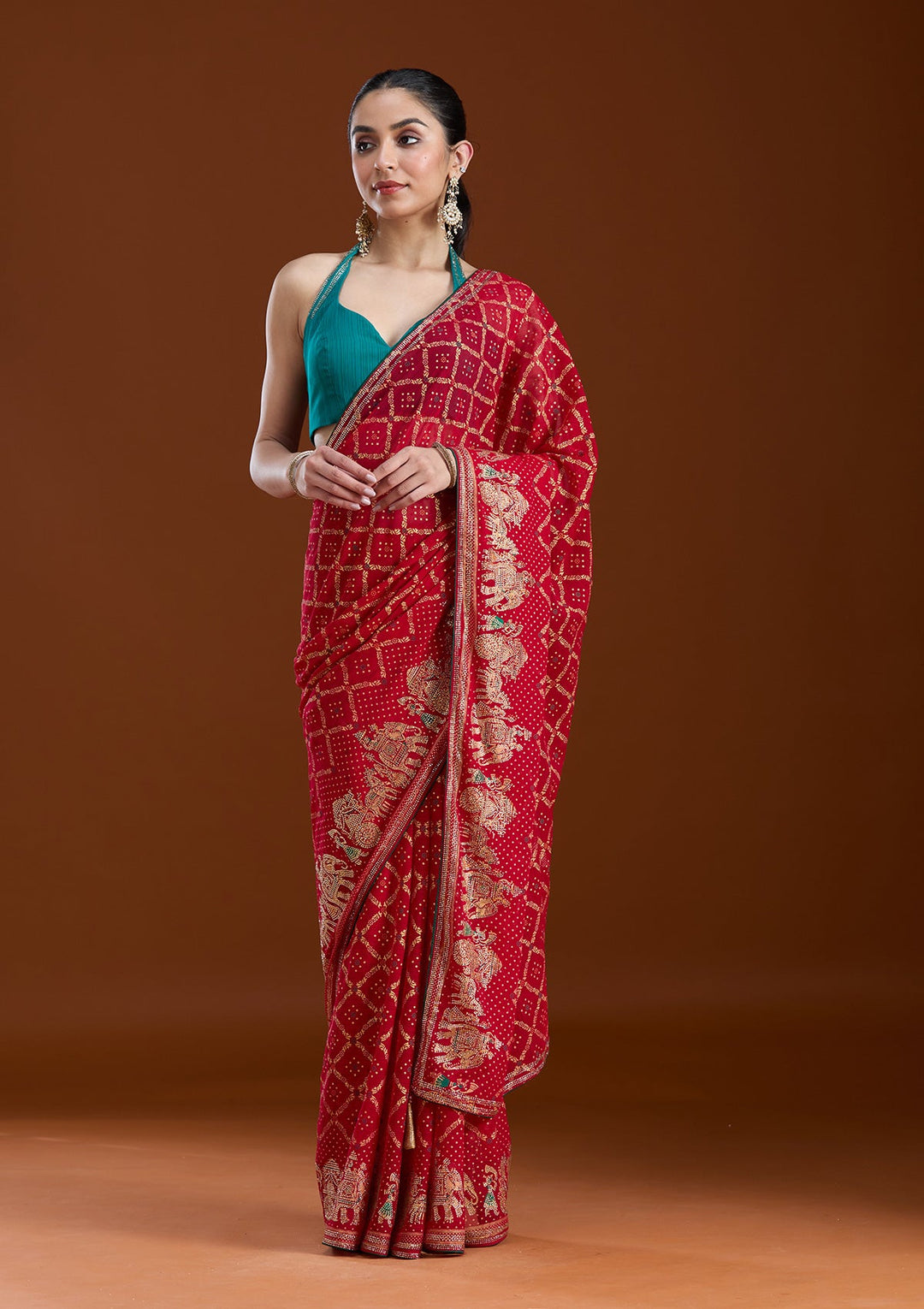 Red Stonework (Gold) Georgette Saree-koskii
