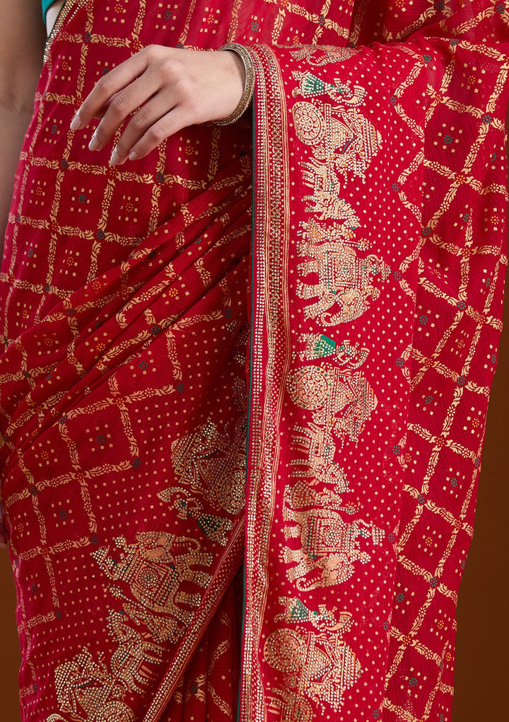 Red Stonework (Gold) Georgette Saree-koskii