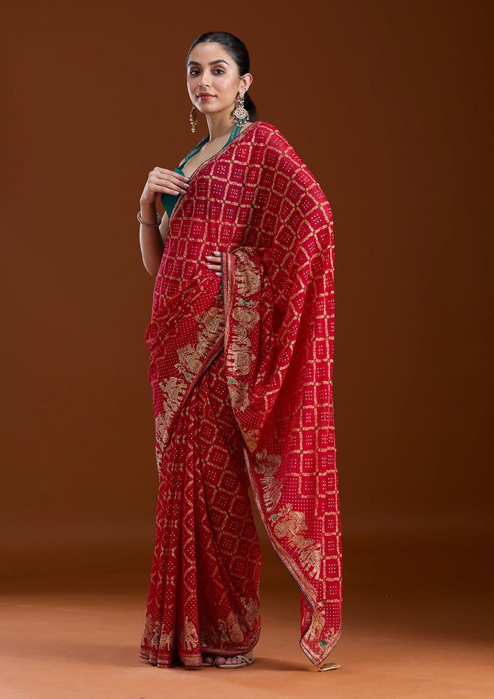 Red Stonework (Gold) Georgette Saree-koskii