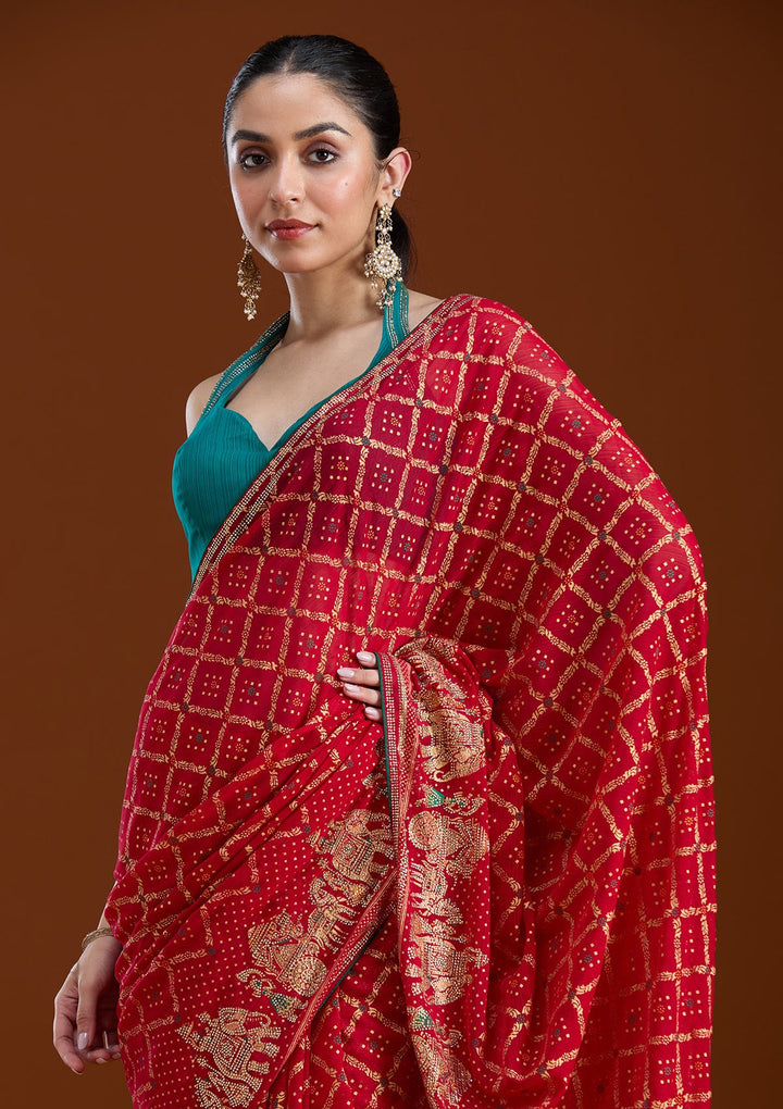 Red Stonework (Gold) Georgette Saree-koskii
