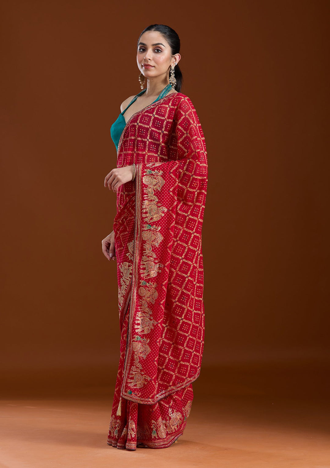 Red Stonework (Gold) Georgette Saree-koskii