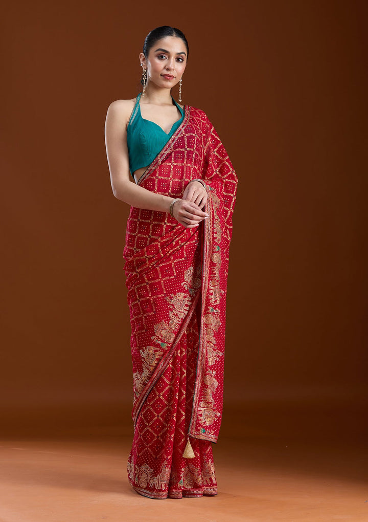 Red Stonework (Gold) Georgette Saree-koskii
