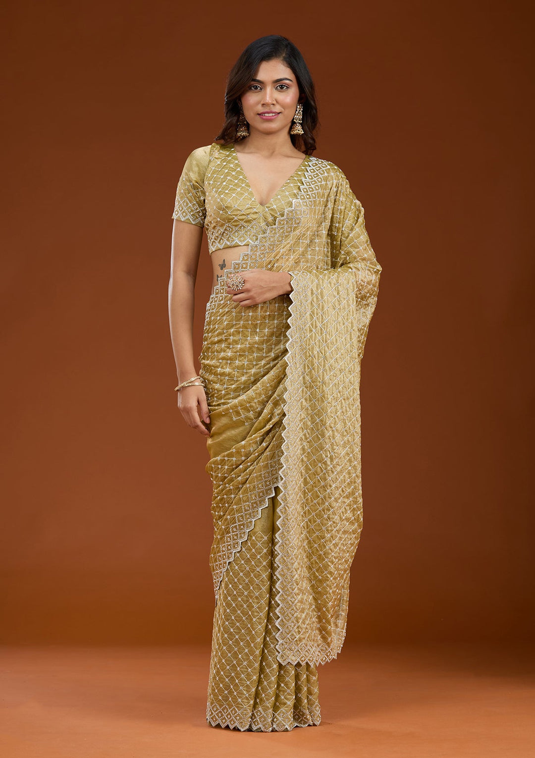 Mehendi Stonework (Silver) Tissue Saree_koskii