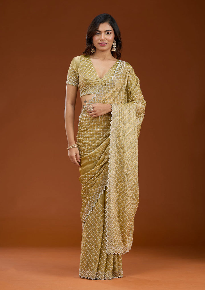 Mehendi Stonework (Silver) Tissue Saree_koskii