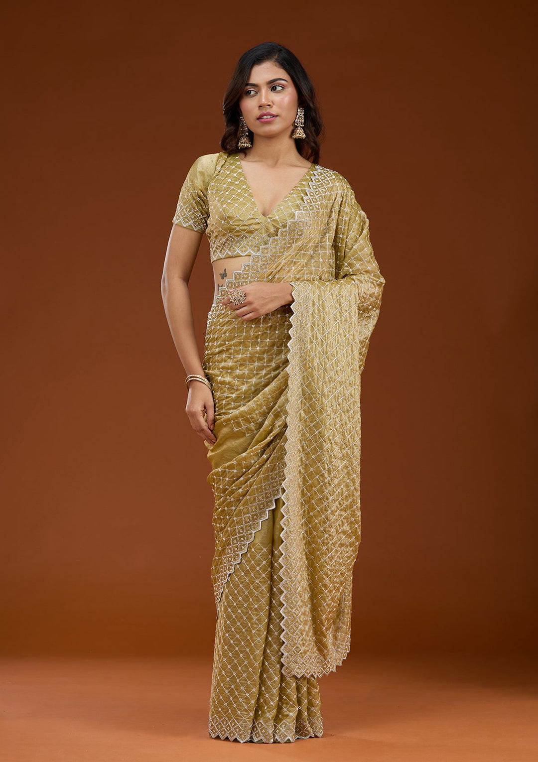 Mehendi Stonework (Silver) Tissue Saree_koskii