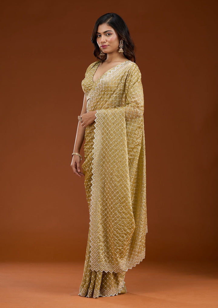 Mehendi Stonework (Silver) Tissue Saree_koskii