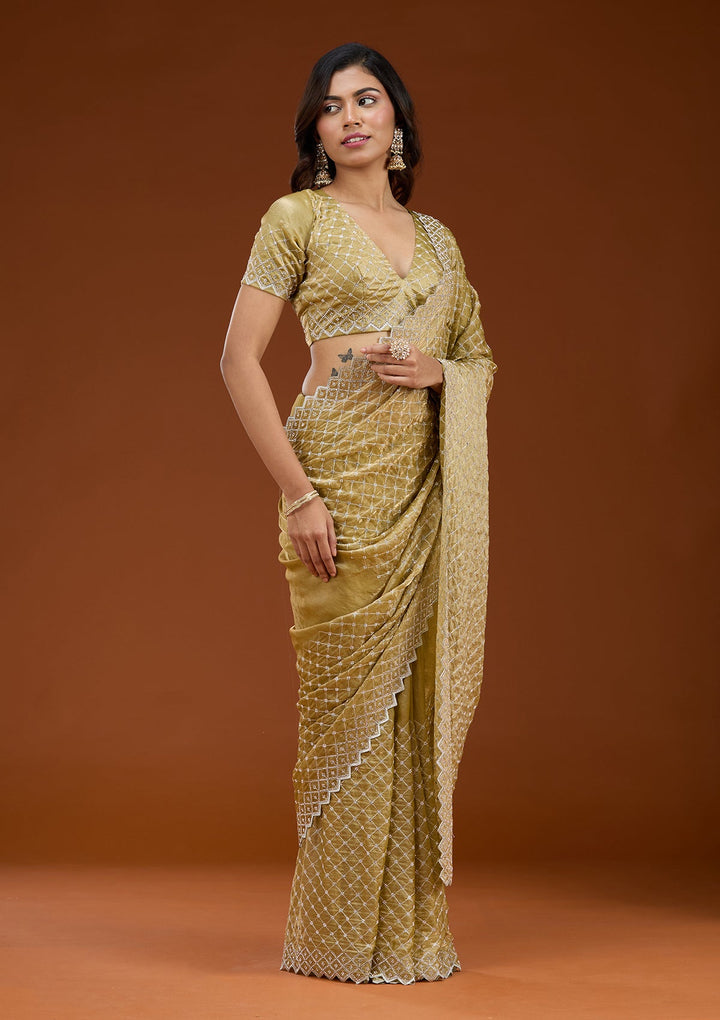 Mehendi Stonework (Silver) Tissue Saree_koskii