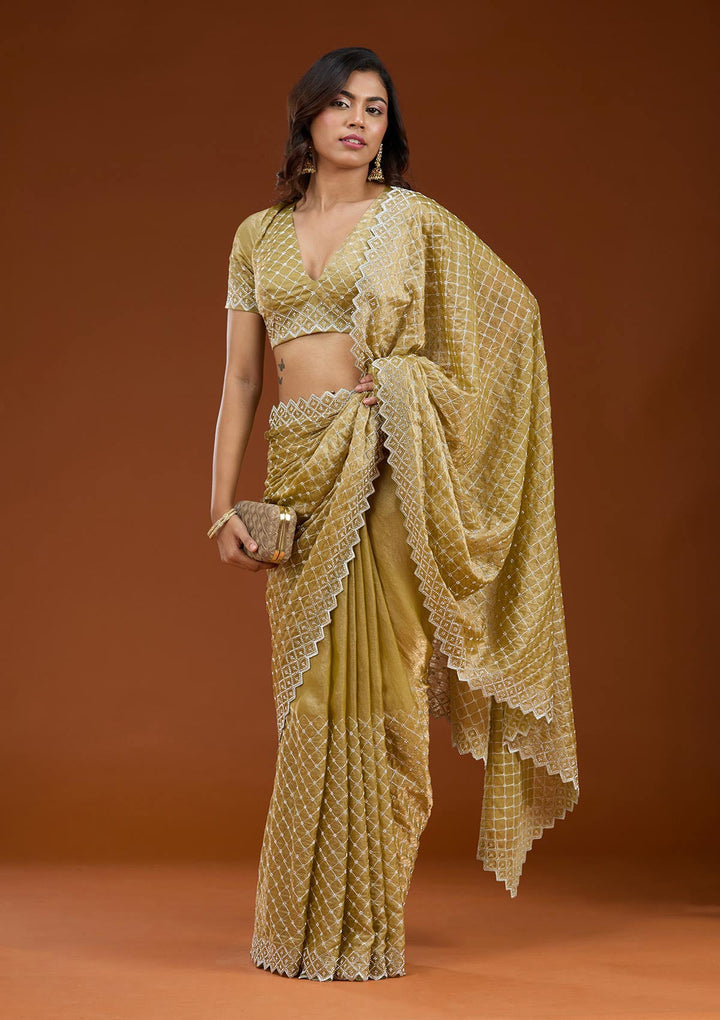 Mehendi Stonework (Silver) Tissue Saree_koskii