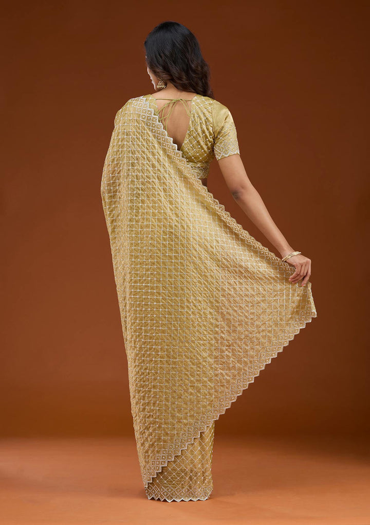 Mehendi Stonework (Silver) Tissue Saree_koskii