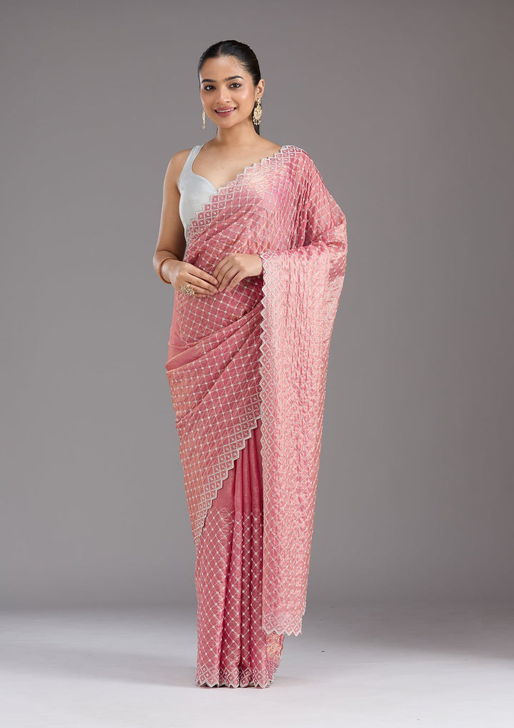 Onion Pink Stonework (Silver) Tissue Saree_koskii