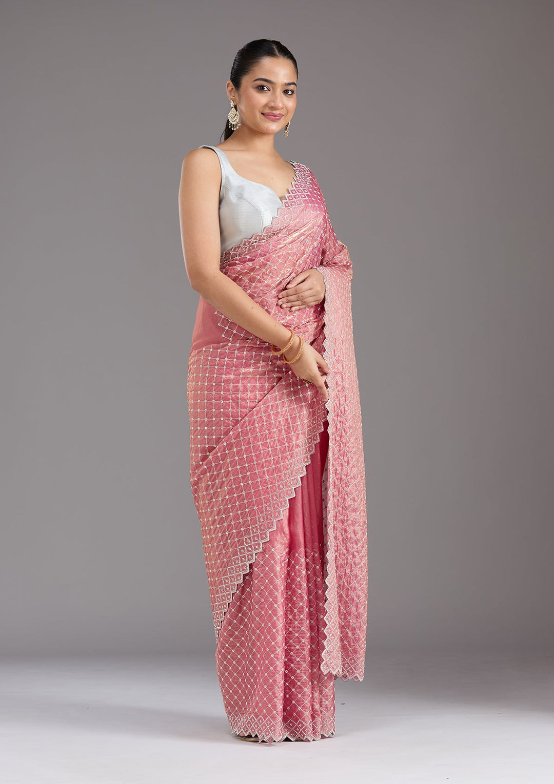 Onion Pink Stonework (Silver) Tissue Saree_koskii