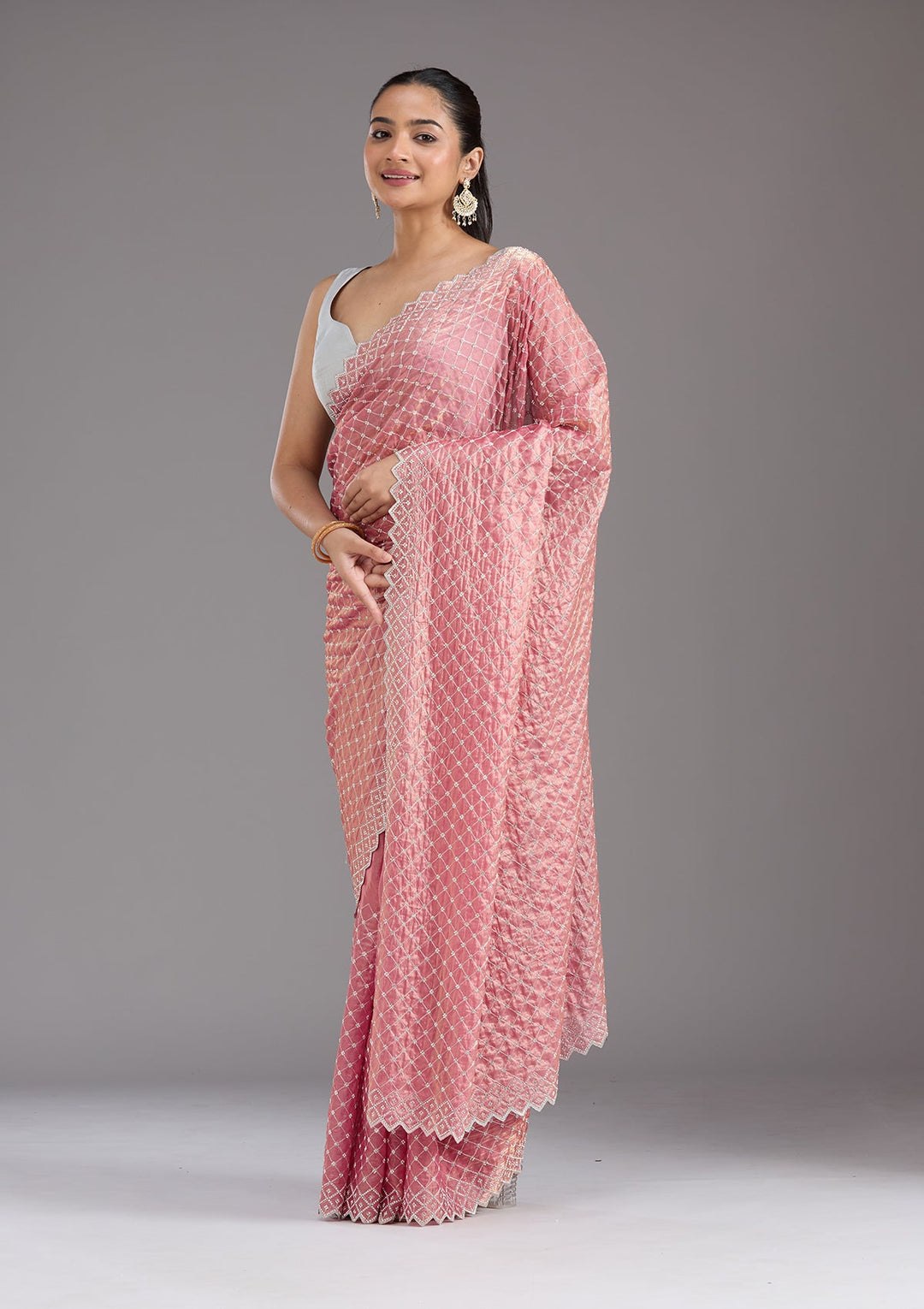 Onion Pink Stonework (Silver) Tissue Saree_koskii