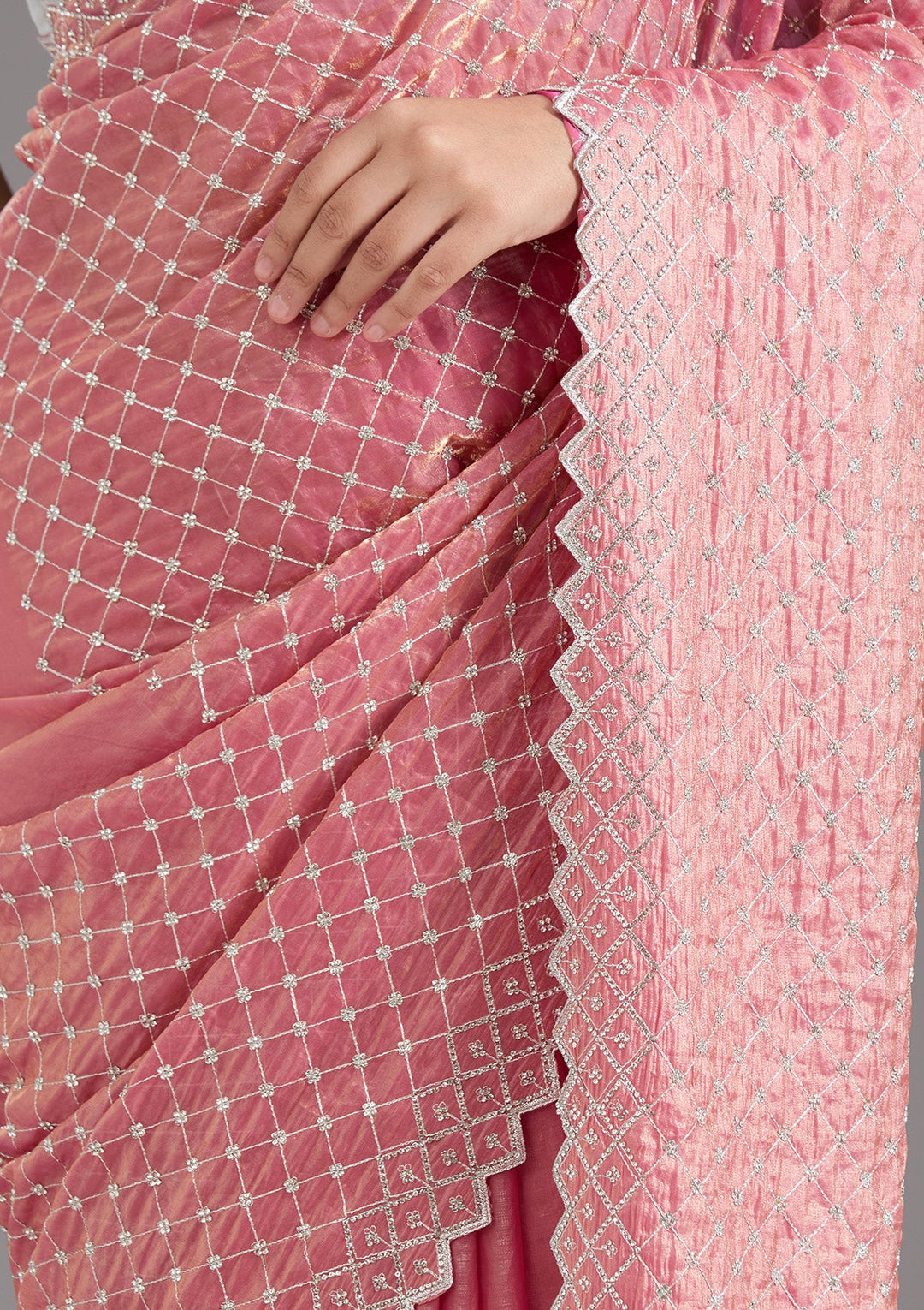 Onion Pink Stonework (Silver) Tissue Saree_koskii