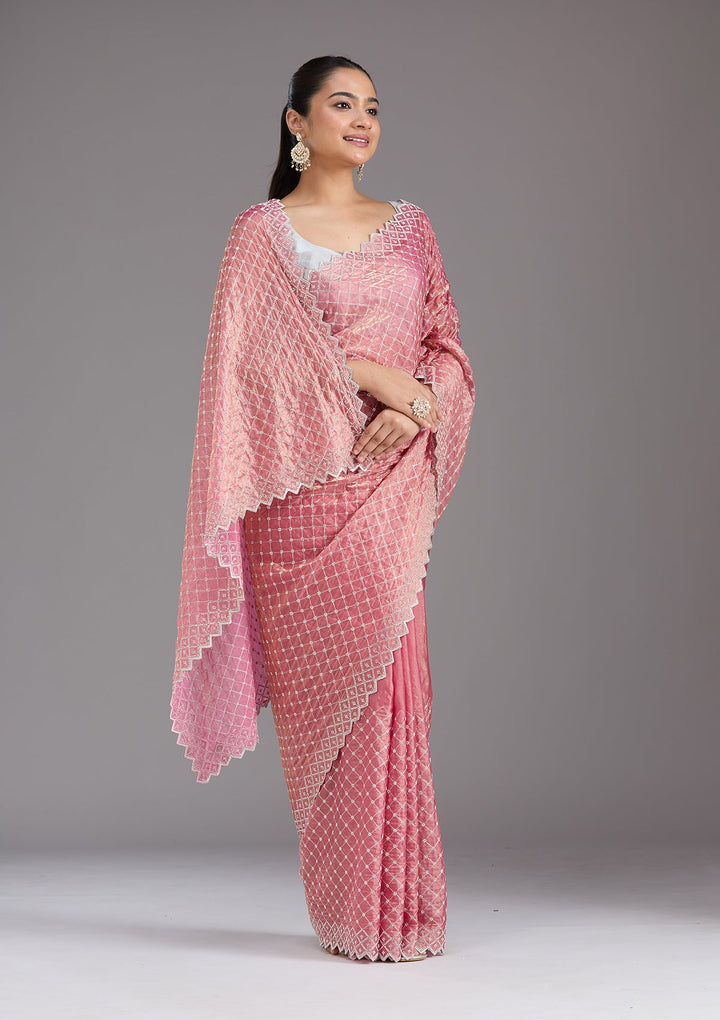 Onion Pink Stonework (Silver) Tissue Saree_koskii