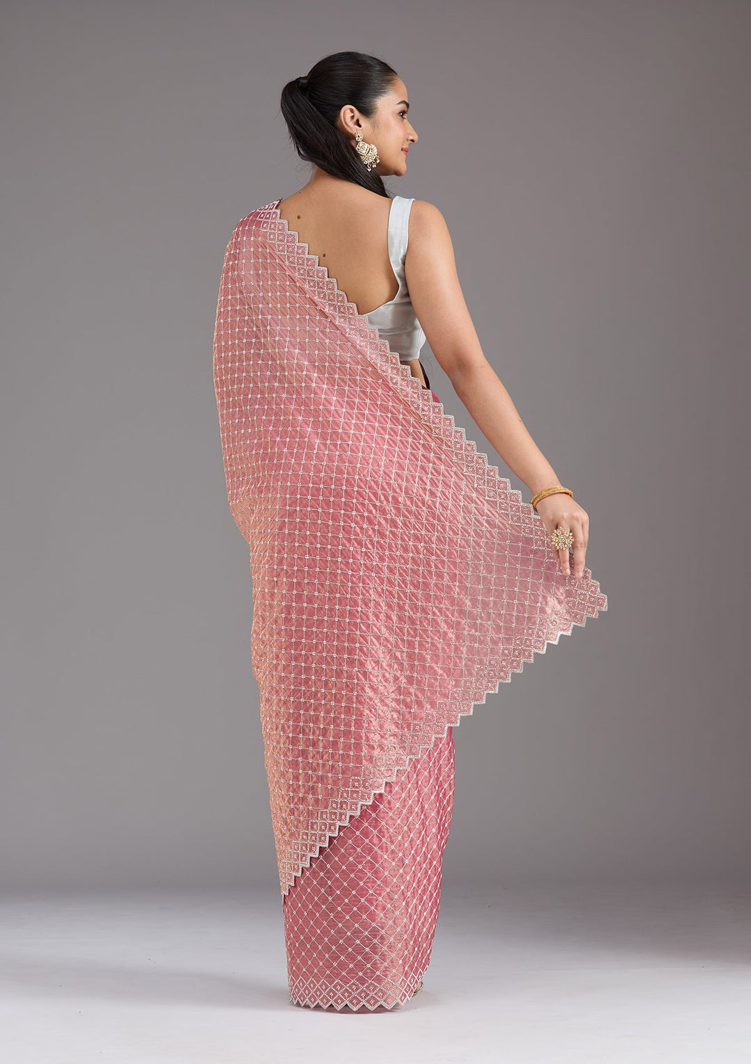 Onion Pink Stonework (Silver) Tissue Saree_koskii