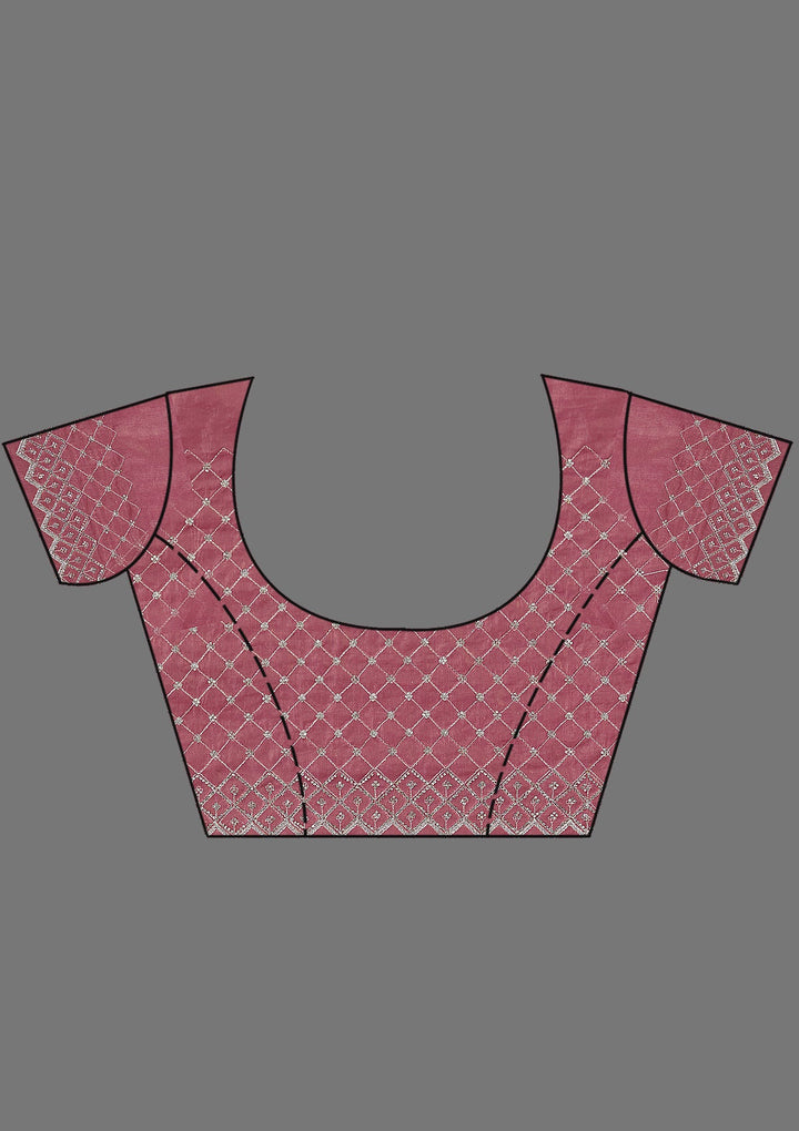 Onion Pink Stonework (Silver) Tissue Saree_koskii