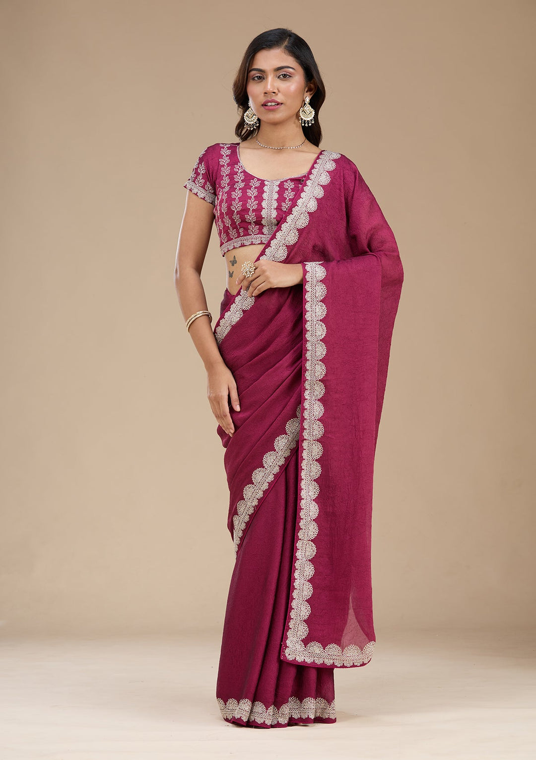 Magenta Pink Zariwork (Silver) Soft Raw Silk Saree_koskii