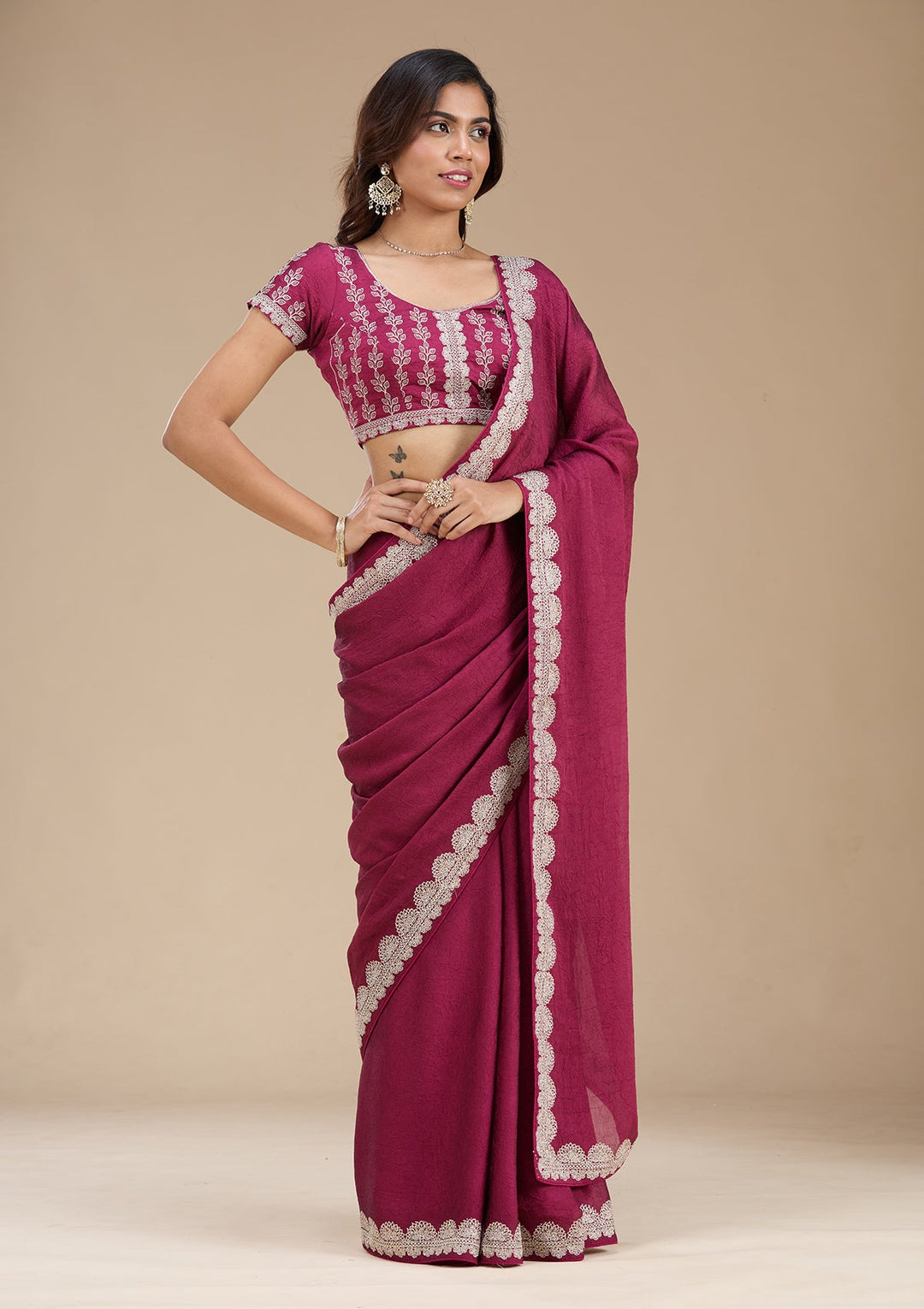 Magenta Pink Zariwork (Silver) Soft Raw Silk Saree_koskii