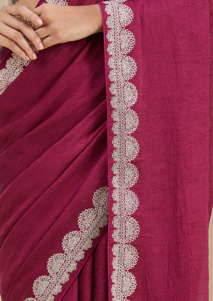 Magenta Pink Zariwork (Silver) Soft Raw Silk Saree_koskii