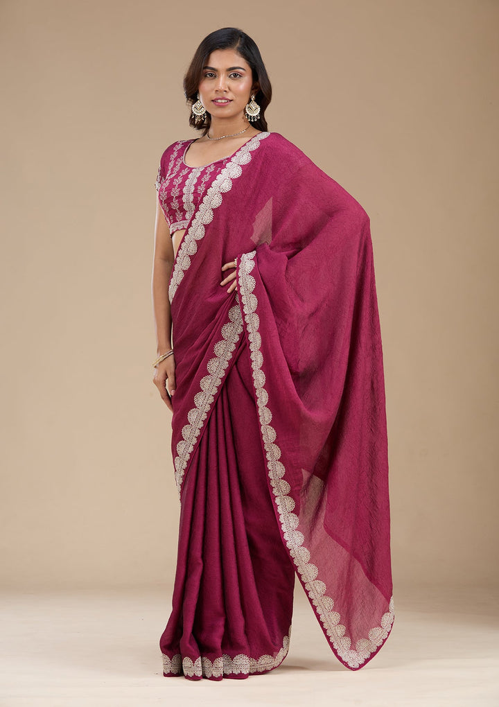 Magenta Pink Zariwork (Silver) Soft Raw Silk Saree_koskii