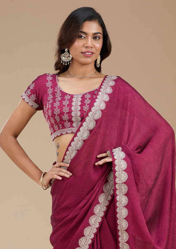 Magenta Pink Zariwork (Silver) Soft Raw Silk Saree_koskii