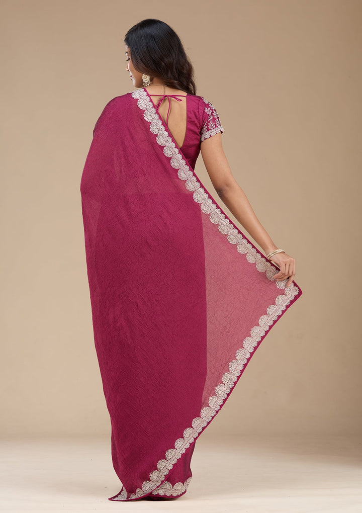 Magenta Pink Zariwork (Silver) Soft Raw Silk Saree_koskii