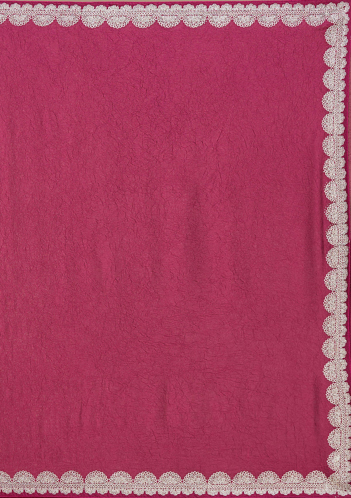 Magenta Pink Zariwork (Silver) Soft Raw Silk Saree_koskii