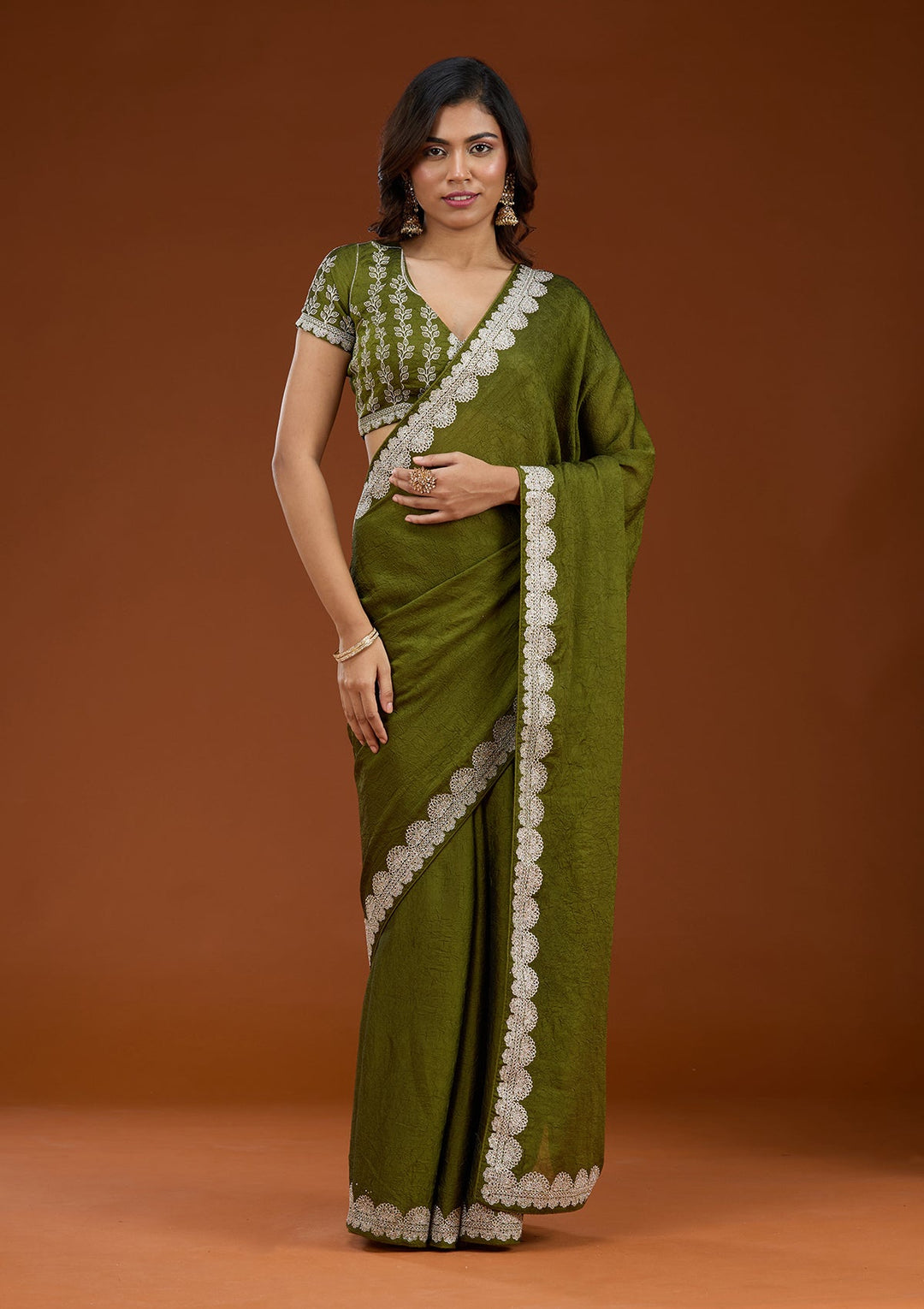 Mehendi Zariwork (Silver) Soft Raw Silk Saree_koskii