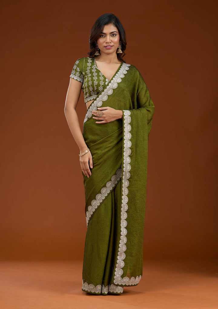 Mehendi Zariwork (Silver) Soft Raw Silk Saree_koskii
