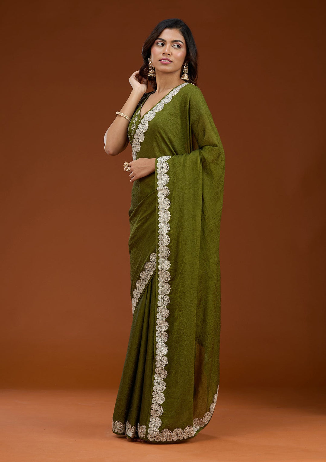 Mehendi Zariwork (Silver) Soft Raw Silk Saree_koskii