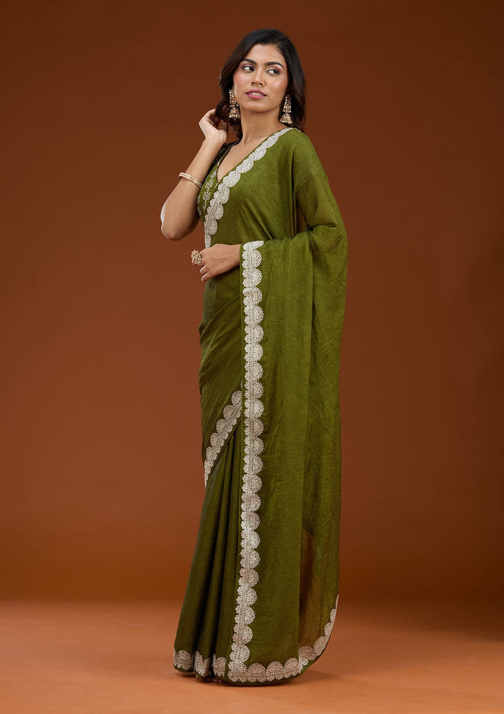 Mehendi Zariwork (Silver) Soft Raw Silk Saree_koskii