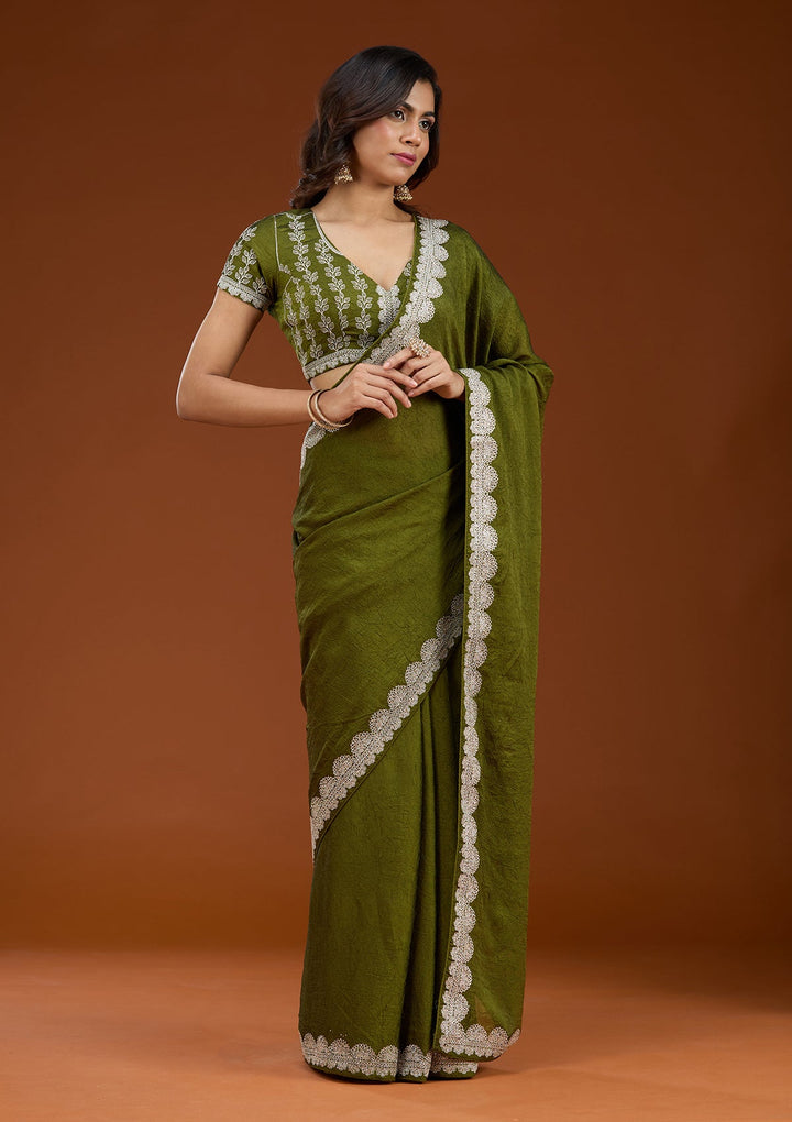 Mehendi Zariwork (Silver) Soft Raw Silk Saree_koskii