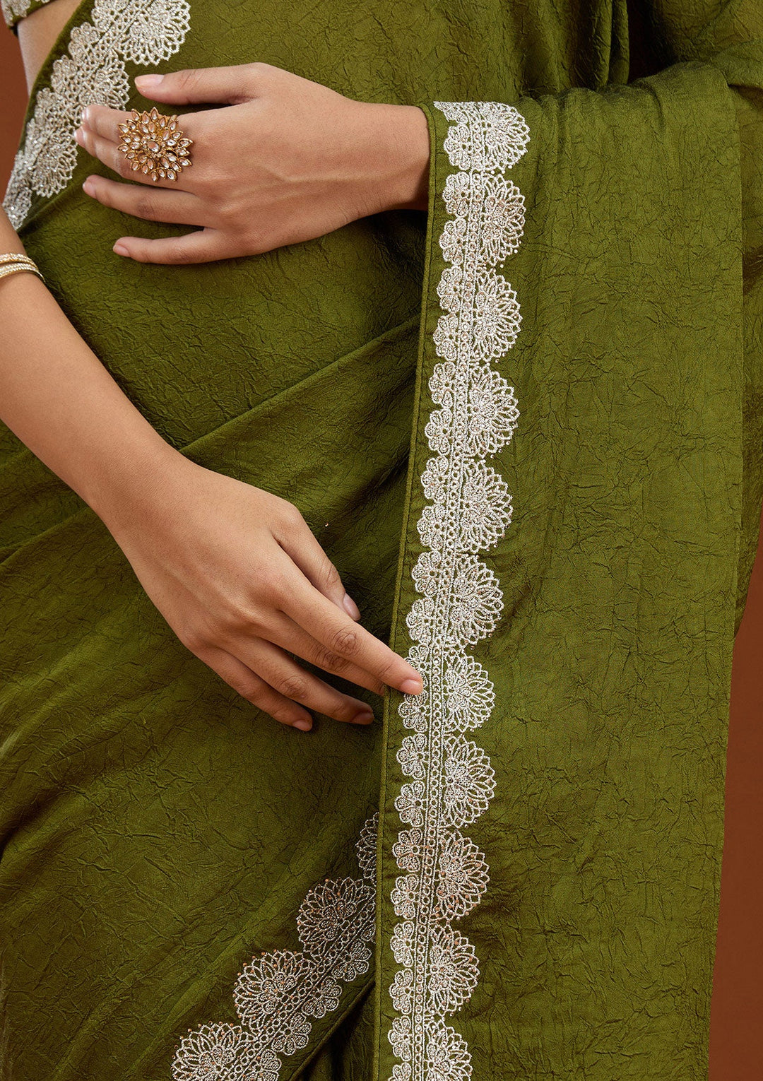 Mehendi Zariwork (Silver) Soft Raw Silk Saree_koskii