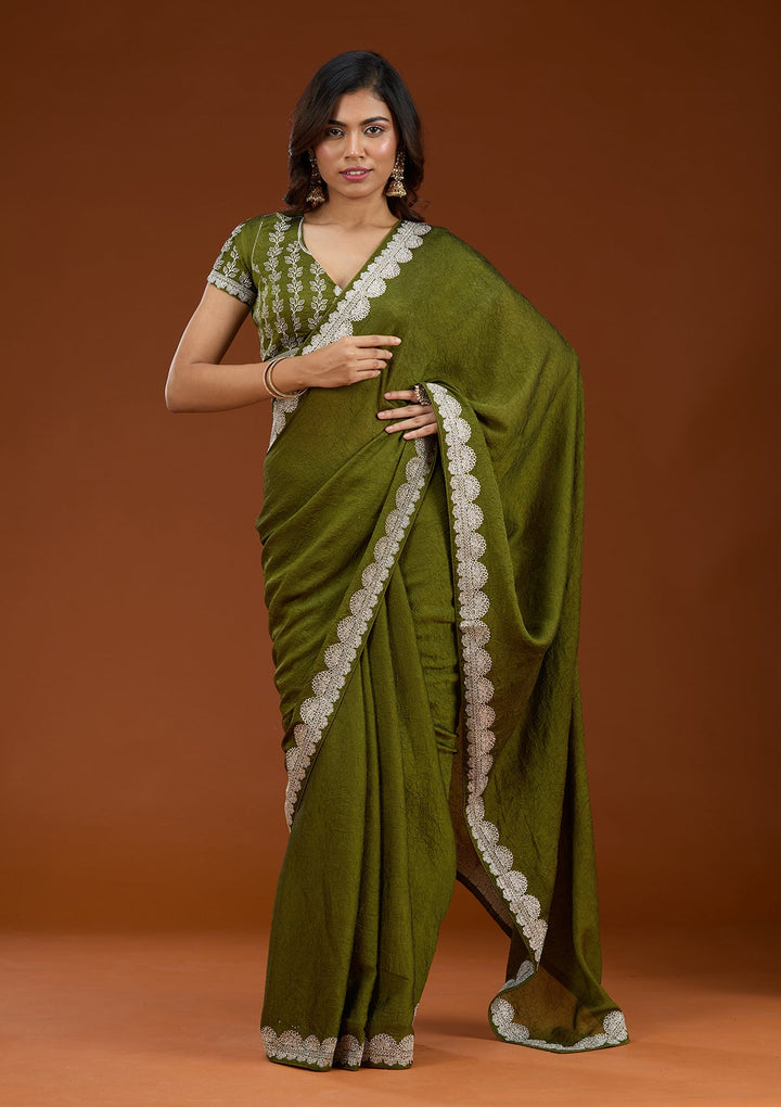 Mehendi Zariwork (Silver) Soft Raw Silk Saree_koskii