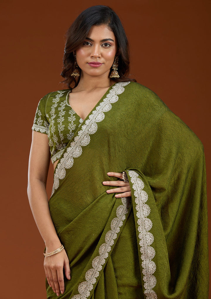 Mehendi Zariwork (Silver) Soft Raw Silk Saree_koskii