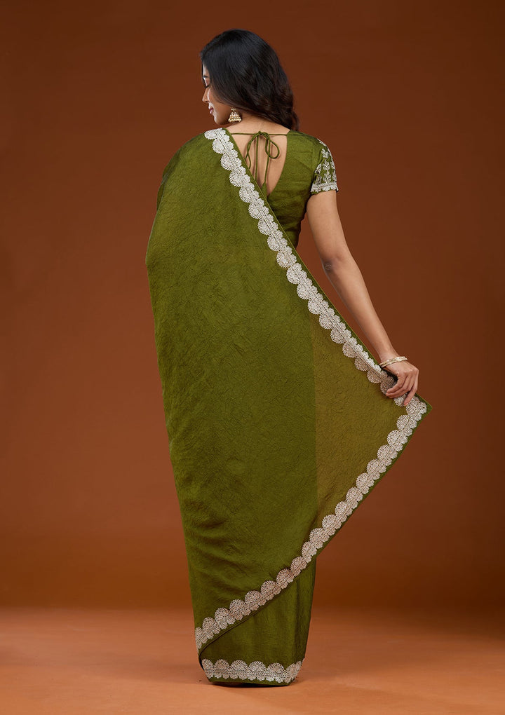 Mehendi Zariwork (Silver) Soft Raw Silk Saree_koskii